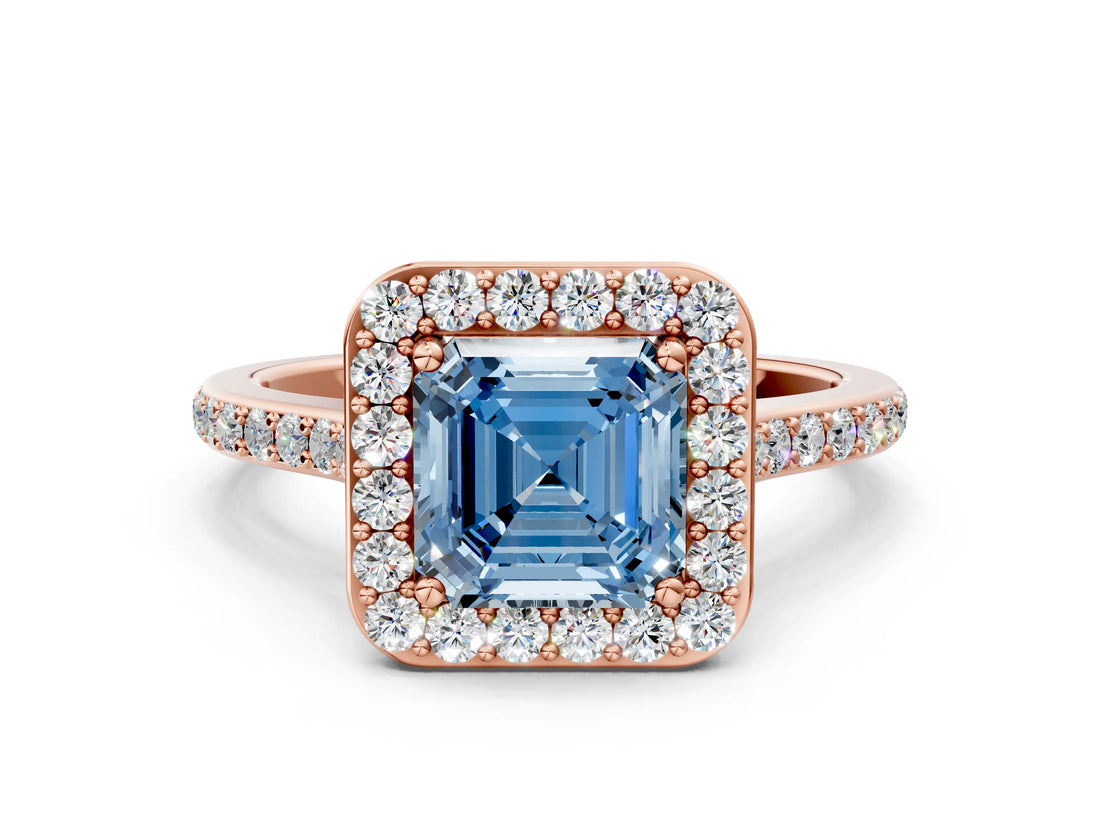 Rose gold Fancy Blue Asscher Cut Halo Round Diamond Pavé Band with Four-Prong Setting_3