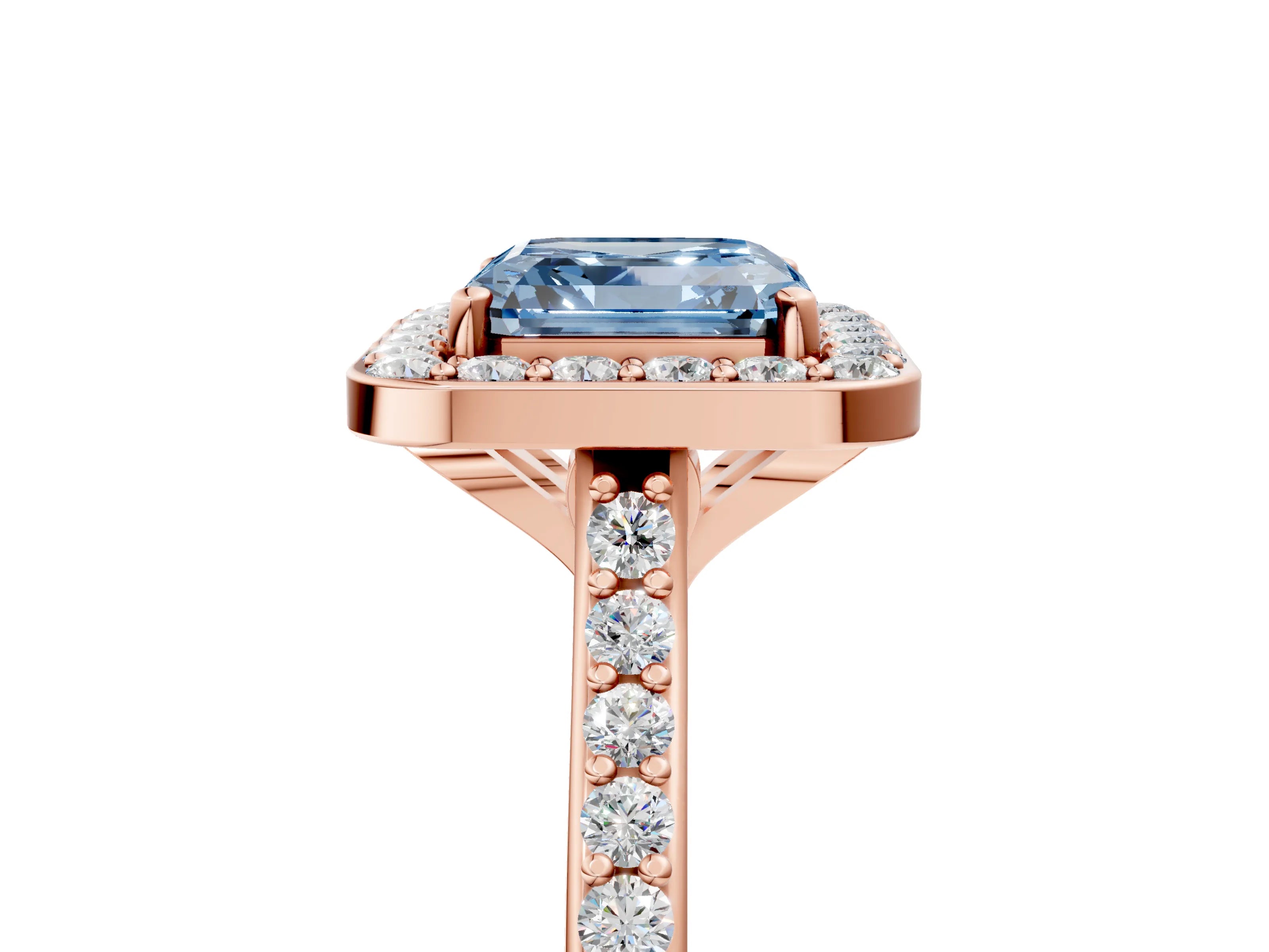 Rose gold Fancy Blue Asscher Cut Halo Round Diamond Pavé Band with Four-Prong Setting_8