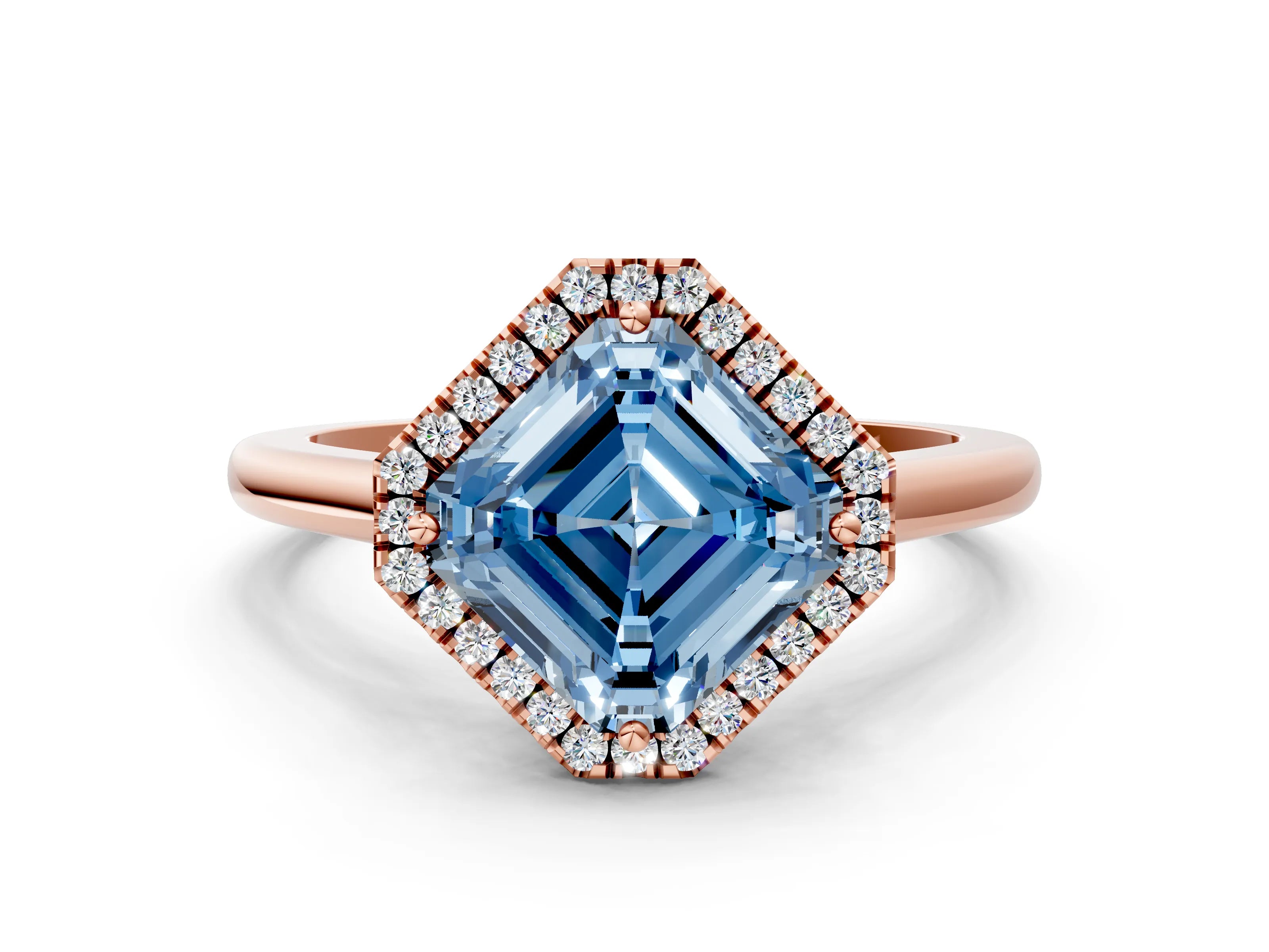 Rose gold Fancy Blue Asscher Cut Halo Round Diamond Solitaire Engagement Ring with Pave Band and Four-Prong Setting_12