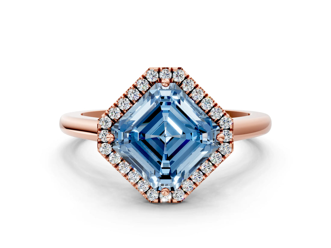 Rose gold Fancy Blue Asscher Cut Halo Round Diamond Solitaire Engagement Ring with Pave Band and Four-Prong Setting_12
