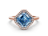 Rose gold Fancy Blue Asscher Cut Halo Round Diamond Solitaire Engagement Ring with Pave Band and Four-Prong Setting_12