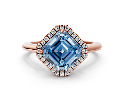 Rose gold Fancy Blue Asscher Cut Halo Round Diamond Solitaire Engagement Ring with Pave Band and Four-Prong Setting_12