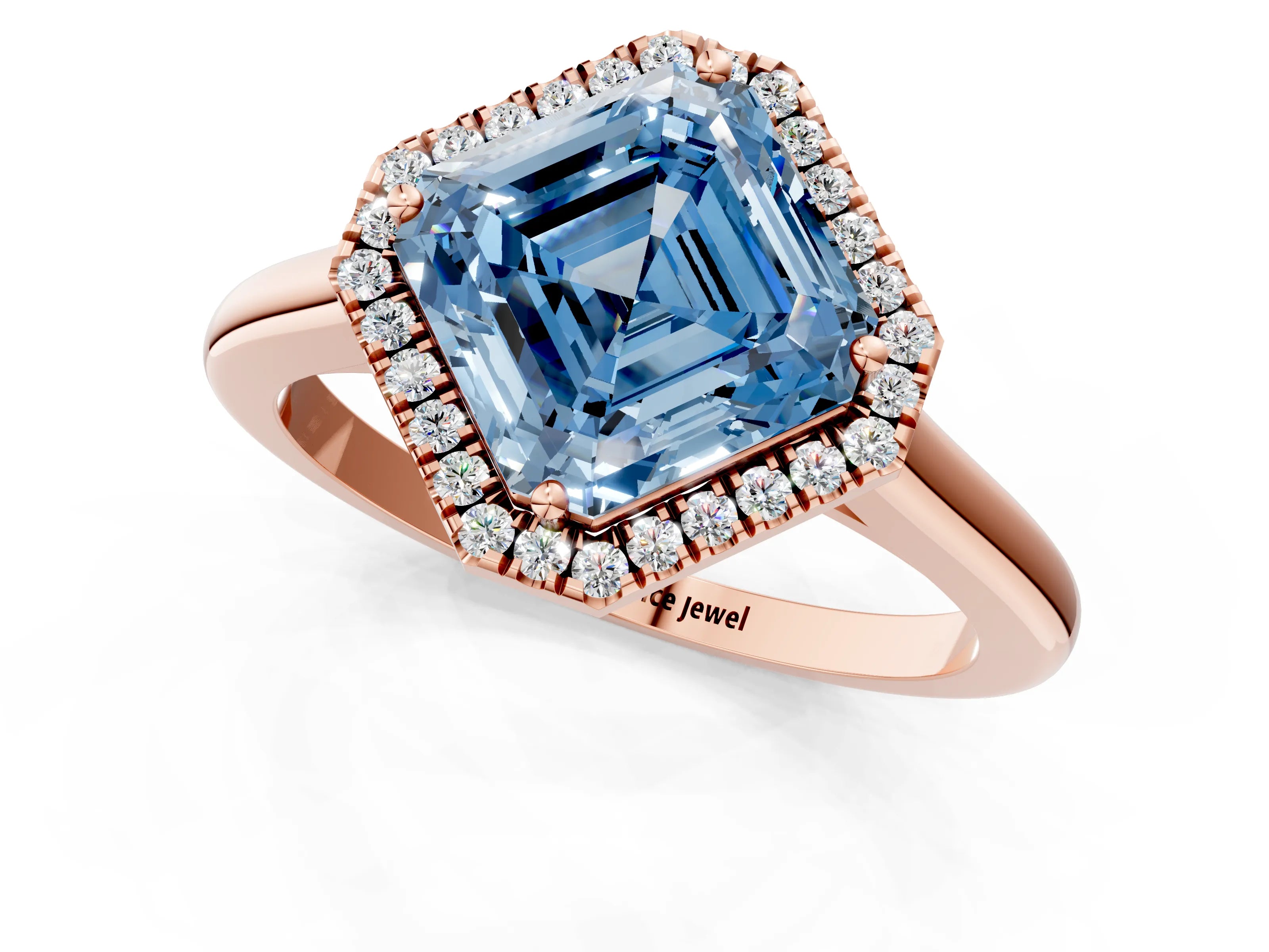 Rose gold Fancy Blue Asscher Cut Halo Round Diamond Solitaire Engagement Ring with Pave Band and Four-Prong Setting_13