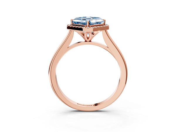 Rose gold Fancy Blue Asscher Cut Halo Round Diamond Solitaire Engagement Ring with Pave Band and Four-Prong Setting