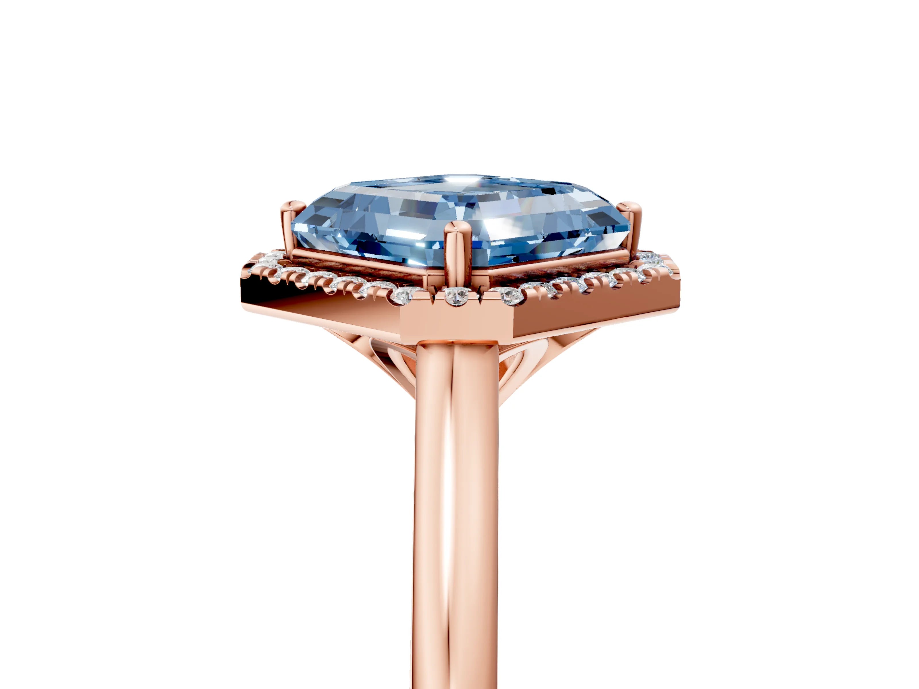 Rose gold Fancy Blue Asscher Cut Halo Round Diamond Solitaire Engagement Ring with Pave Band and Four-Prong Setting_17