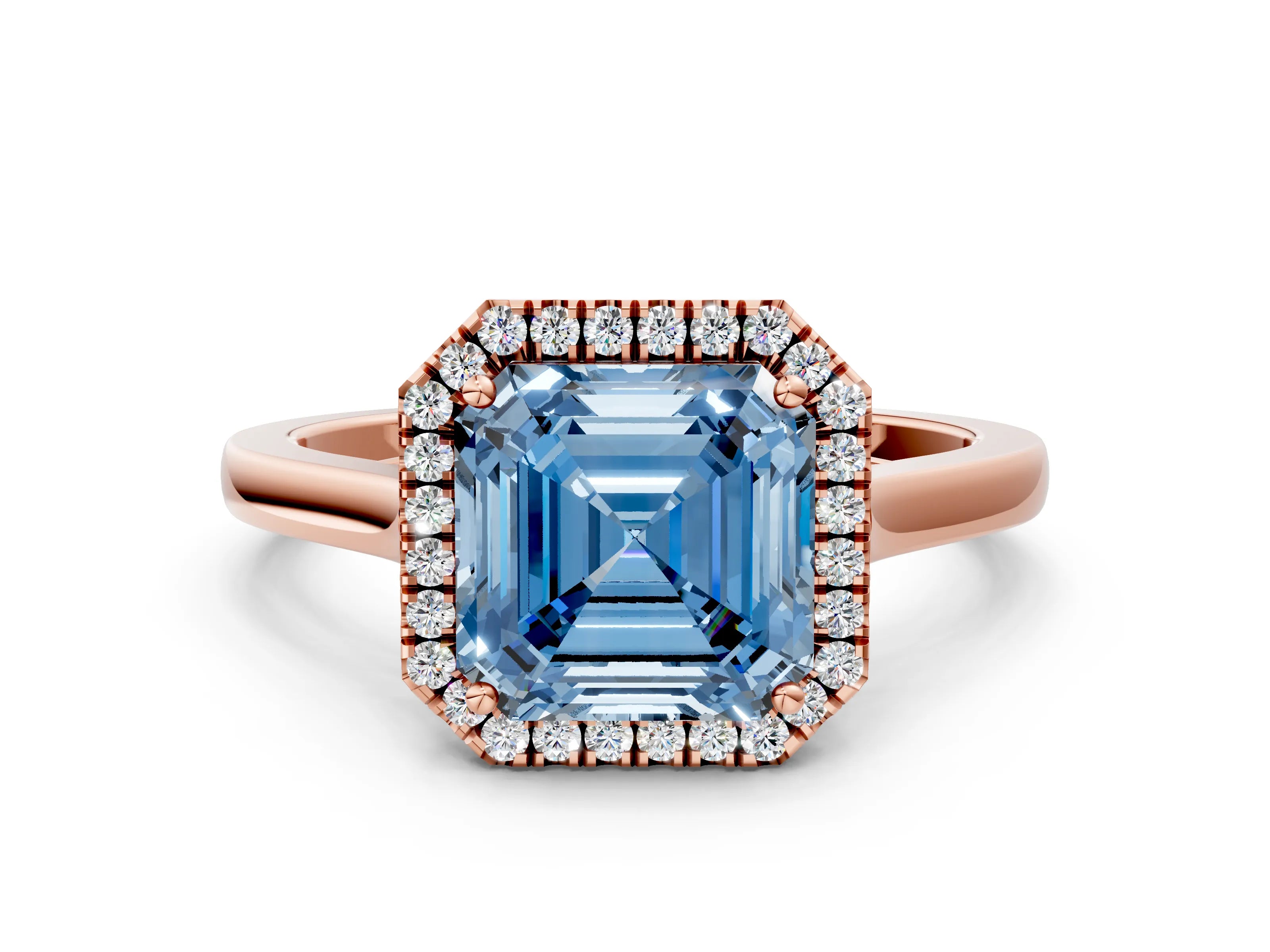 Rose gold Fancy Blue Asscher Cut Halo Round Diamond Solitaire Ring with Pavé Band and Four-Prong Setting