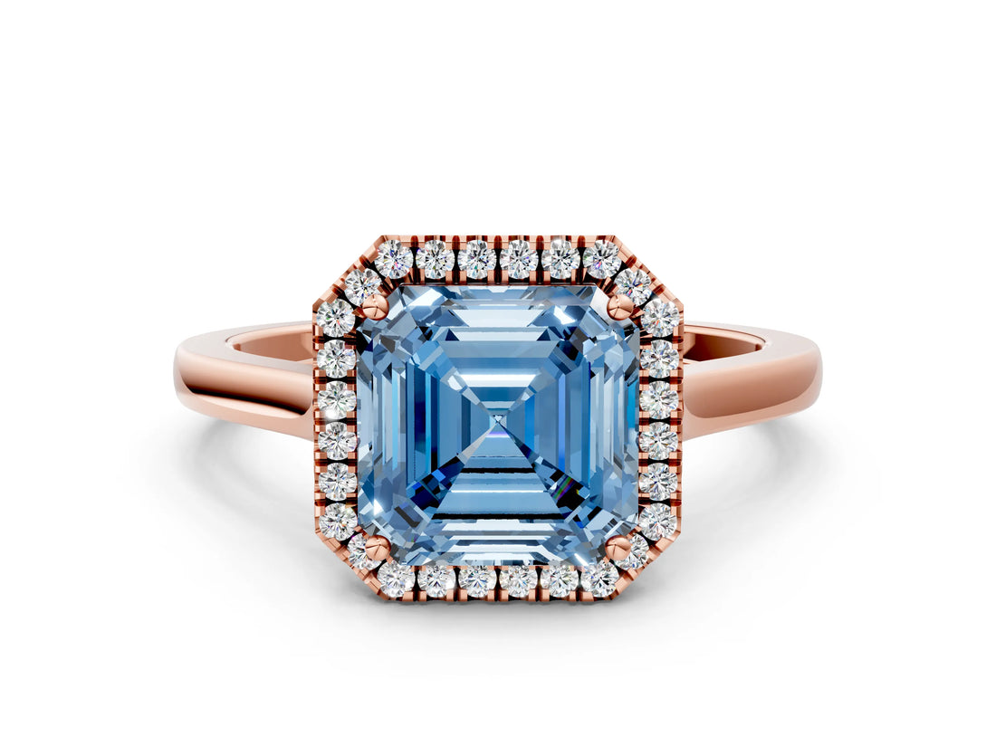 Rose gold Fancy Blue Asscher Cut Halo Round Diamond Solitaire Ring with Pavé Band and Four-Prong Setting