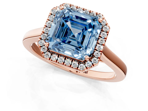 Rose gold Fancy Blue Asscher Cut Halo Round Diamond Solitaire Ring with Pavé Band and Four-Prong Setting_1