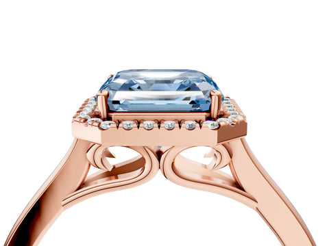Rose gold Fancy Blue Asscher Cut Halo Round Diamond Solitaire Ring with Pavé Band and Four-Prong Setting_4