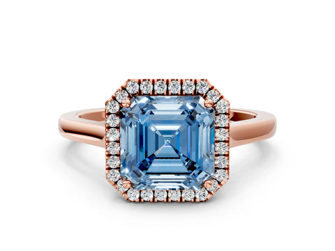 Rose gold Fancy Blue Asscher Cut Halo Round Diamond Solitaire Ring with Pavé Band and Four-Prong Setting
