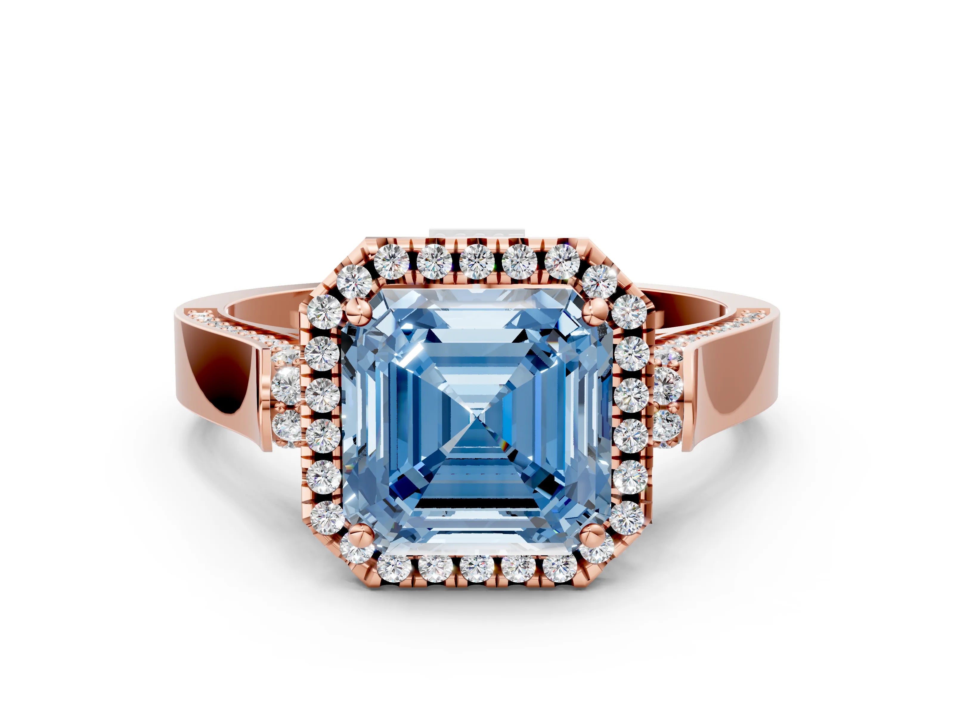 Rose gold Fancy Blue Asscher Cut Halo Round Diamond Twist Band with Four-Prong Setting
