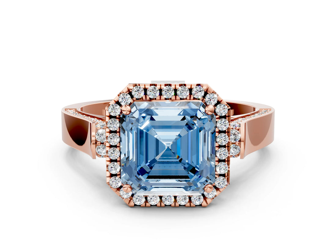 Rose gold Fancy Blue Asscher Cut Halo Round Diamond Twist Band with Four-Prong Setting