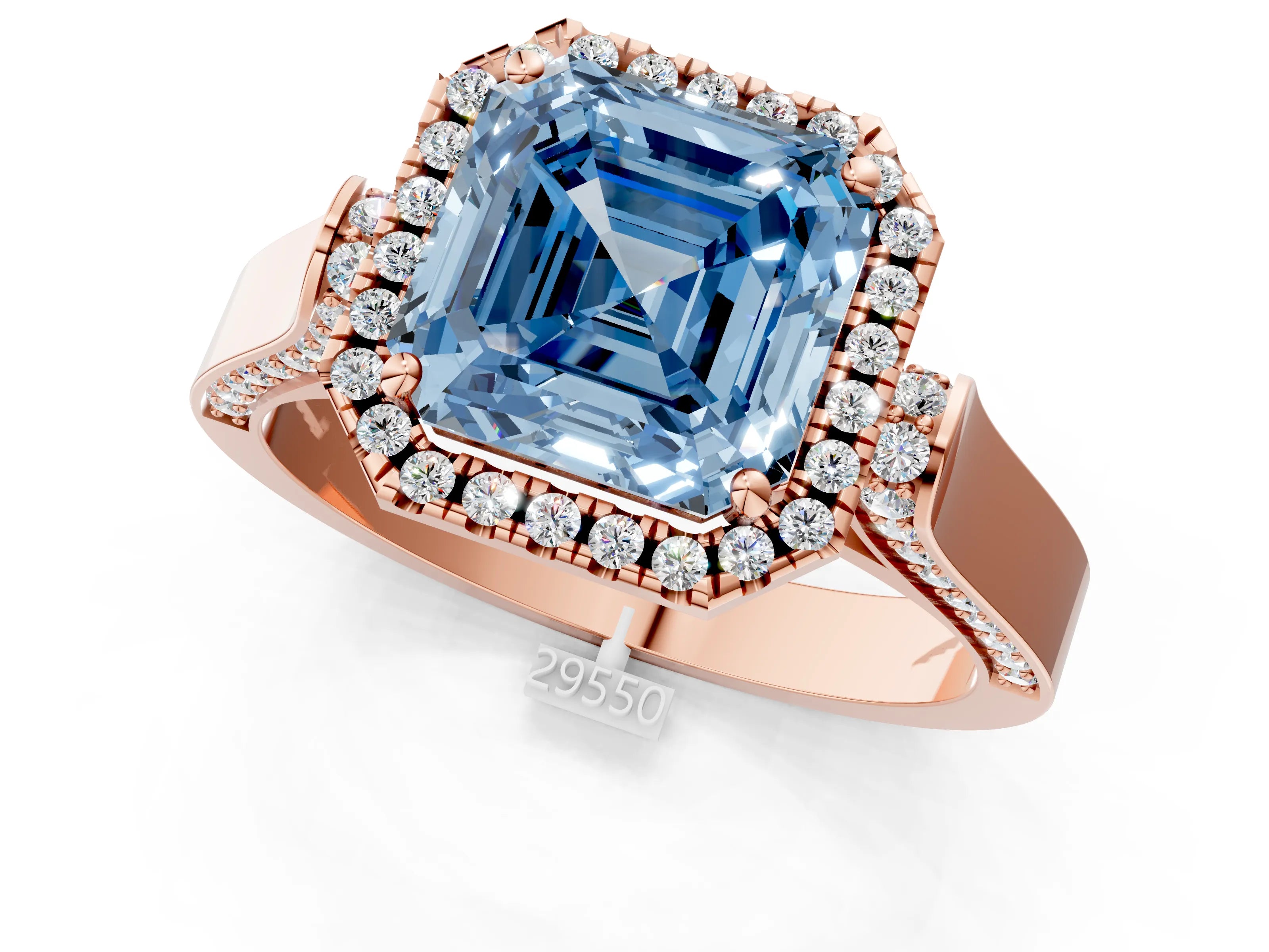 Rose gold Fancy Blue Asscher Cut Halo Round Diamond Twist Band with Four-Prong Setting_1