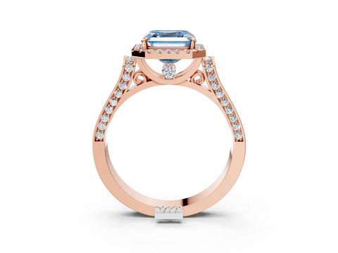 Rose gold Fancy Blue Asscher Cut Halo Round Diamond Twist Band with Four-Prong Setting_3