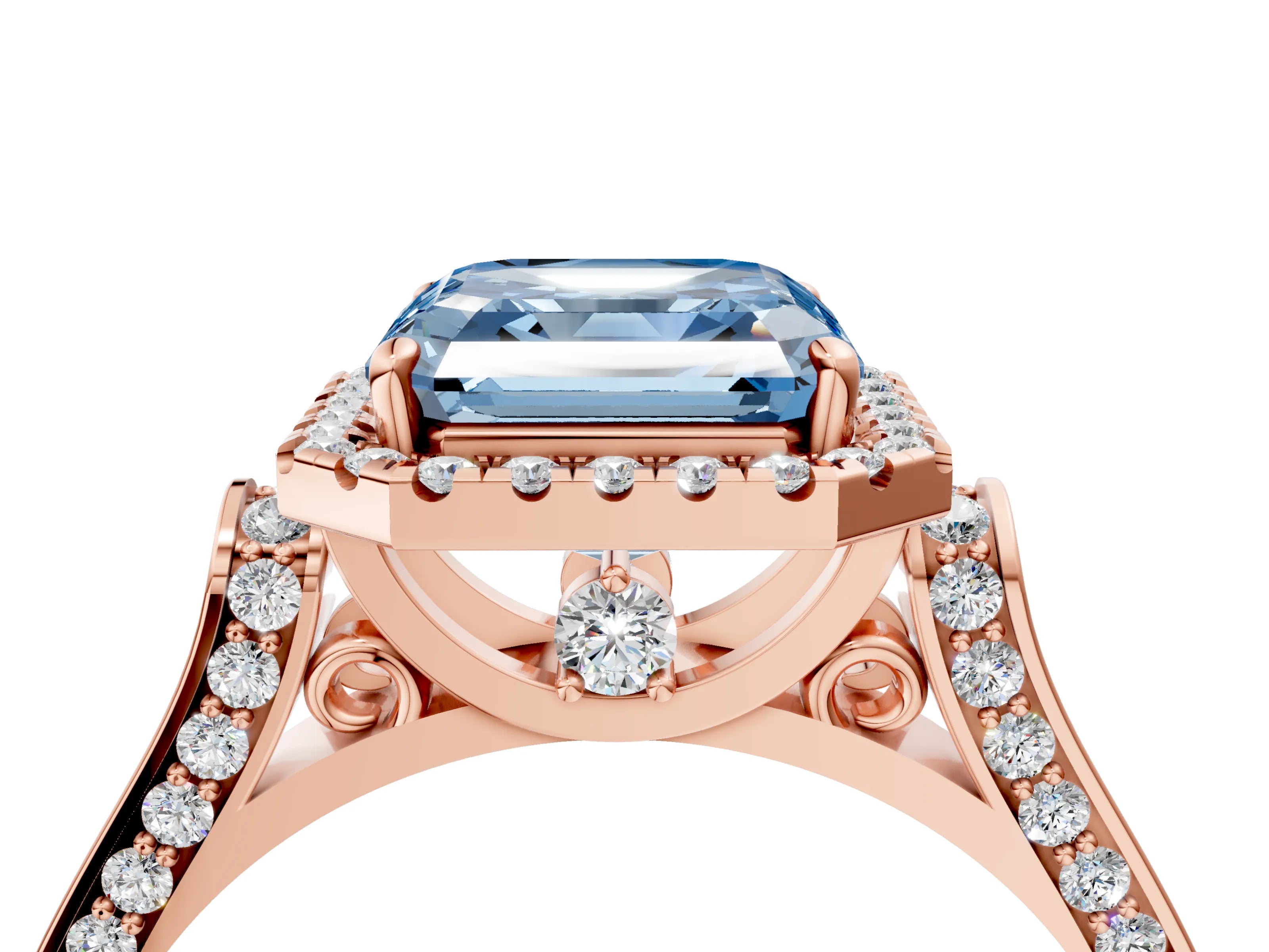 Rose gold Fancy Blue Asscher Cut Halo Round Diamond Twist Band with Four-Prong Setting_4
