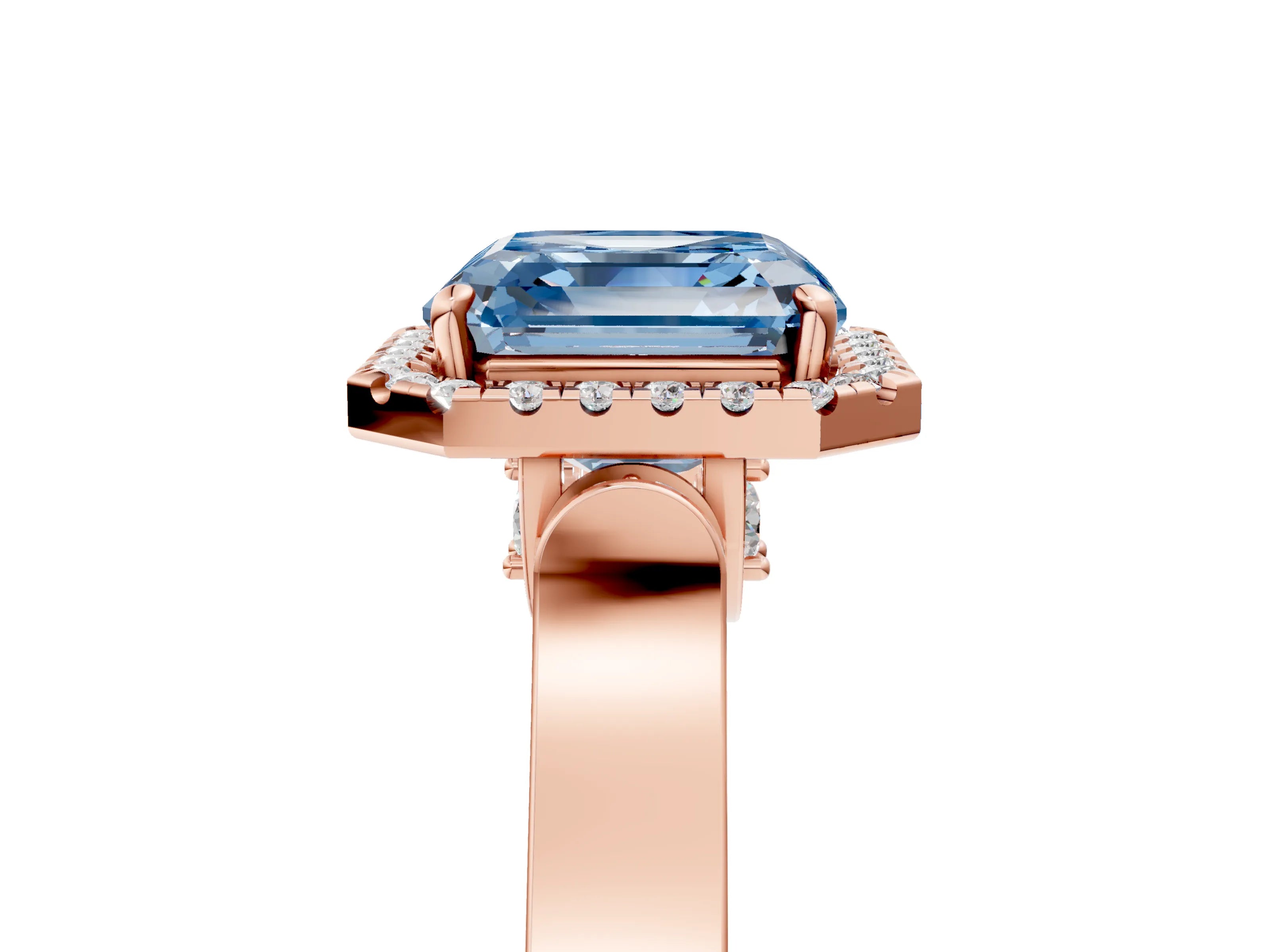 Rose gold Fancy Blue Asscher Cut Halo Round Diamond Twist Band with Four-Prong Setting_5