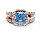 Rose gold Fancy Blue Asscher  Cut Halo Split Shank Diamond Ring with Four-Prong Setting