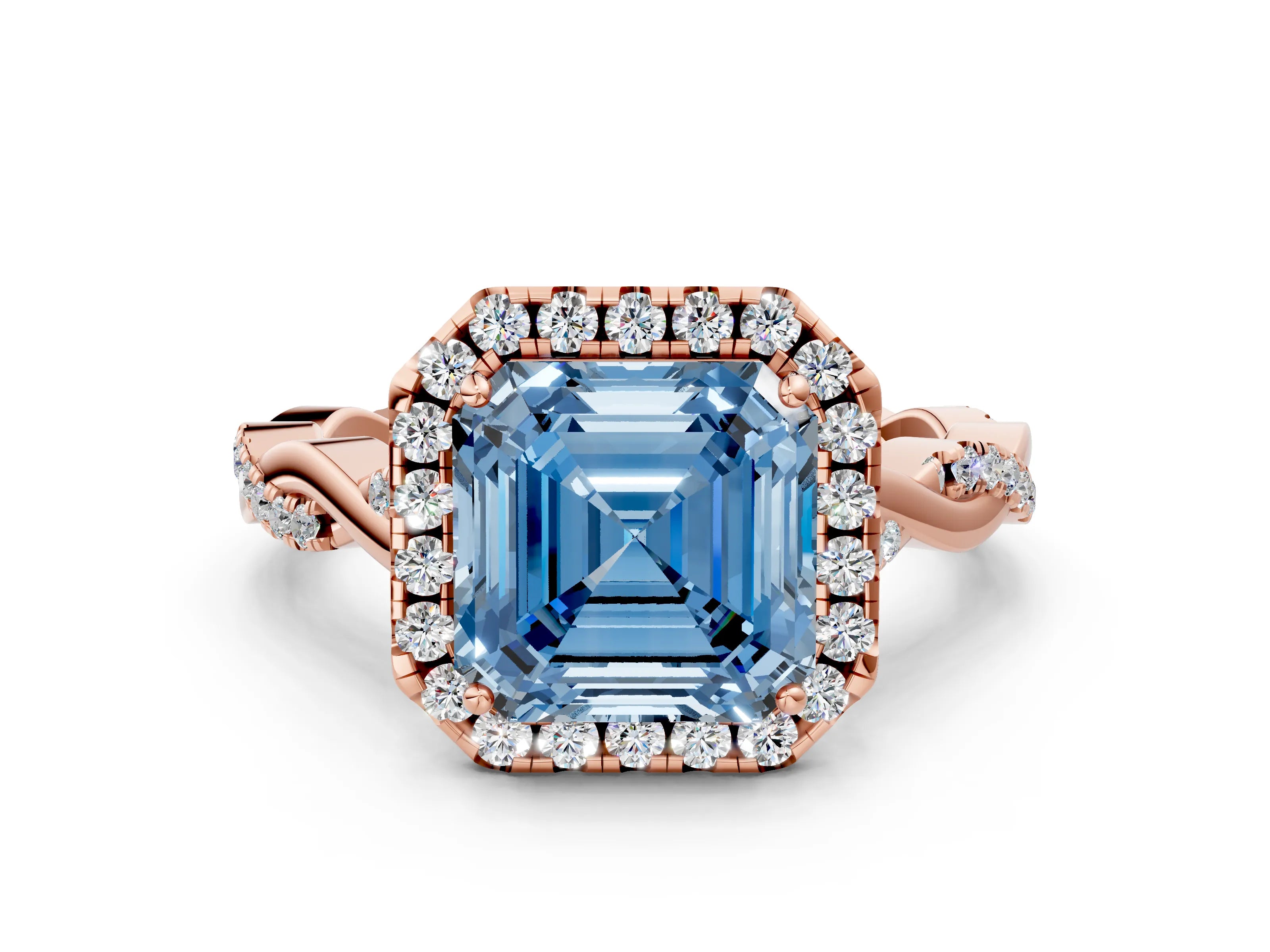 Rose gold Fancy Blue Asscher Cut Halo Twist Band with Four-Prong Setting
