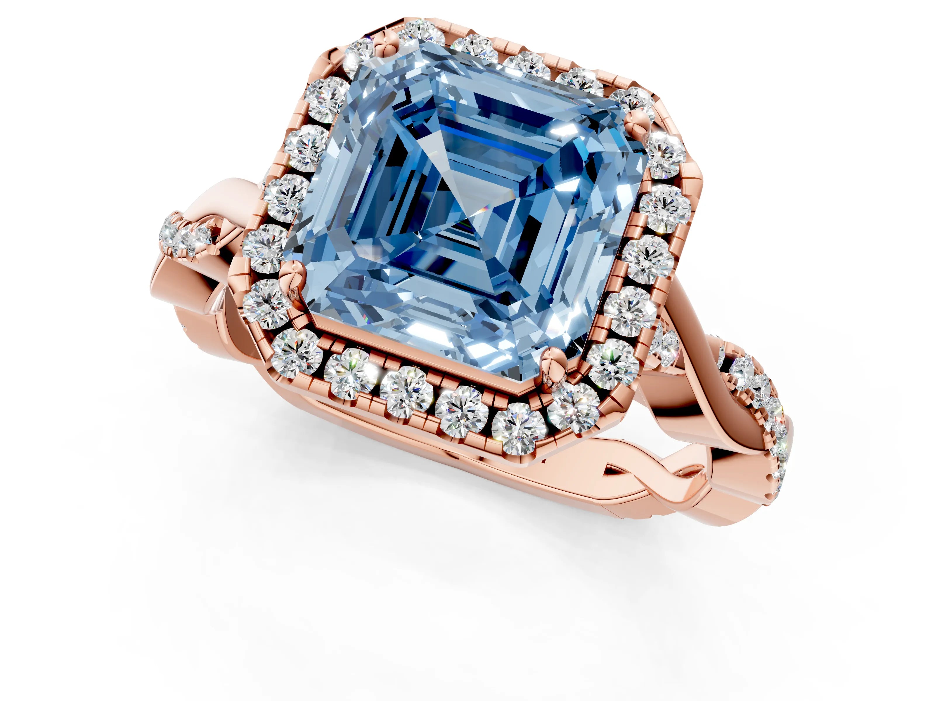 Rose gold Fancy Blue Asscher Cut Halo Twist Band with Four-Prong Setting_1