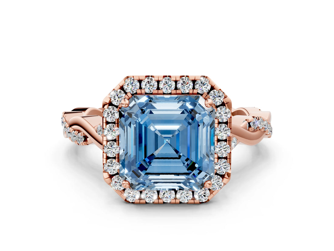 Rose gold Fancy Blue Asscher Cut Halo Twist Band with Four-Prong Setting_12