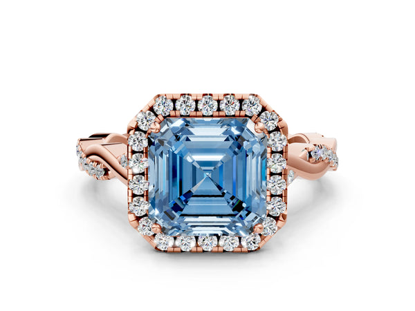 Rose gold Fancy Blue Asscher Cut Halo Twist Band with Four-Prong Setting