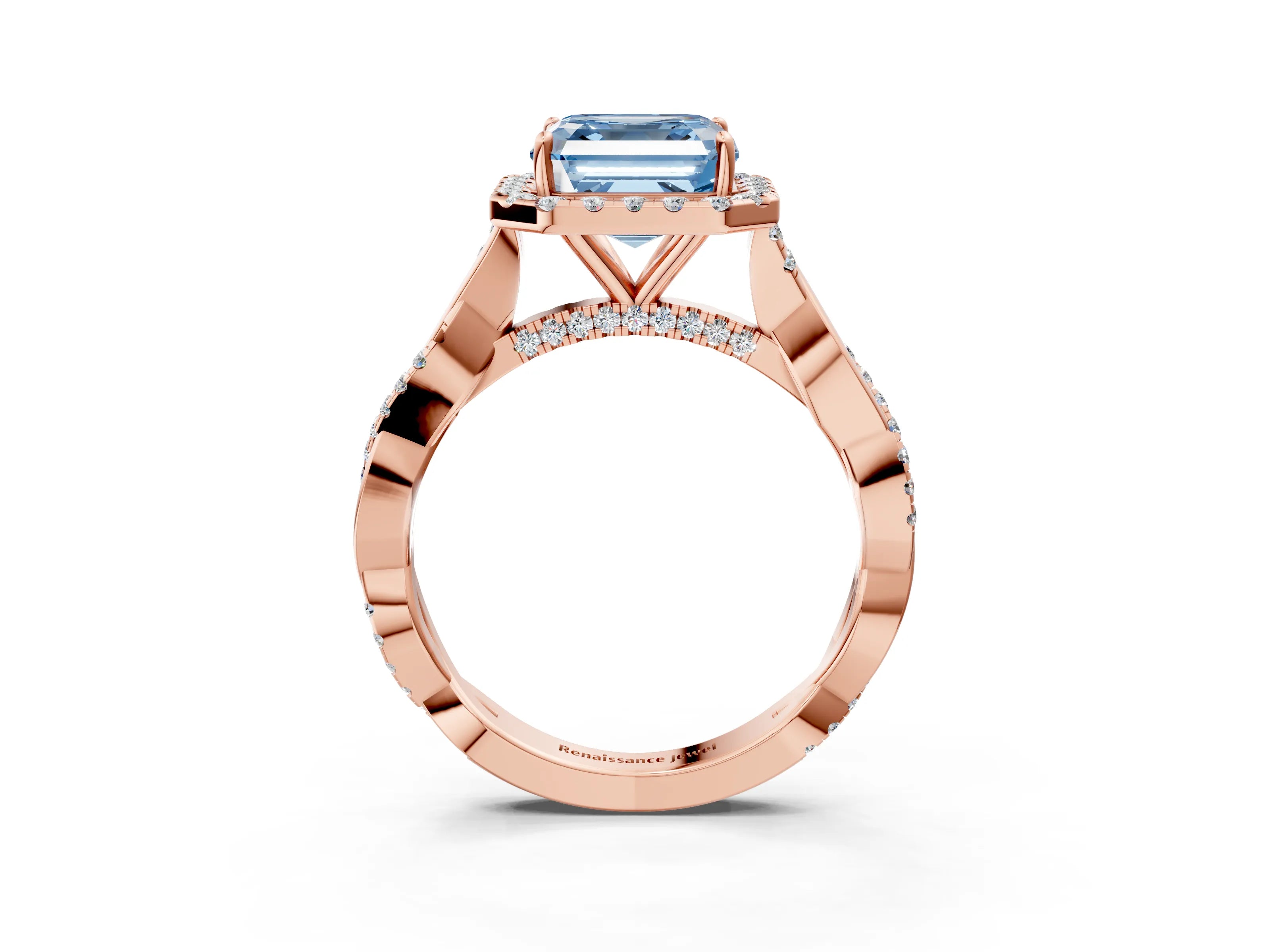 Rose gold Fancy Blue Asscher Cut Halo Twist Band with Four-Prong Setting_15