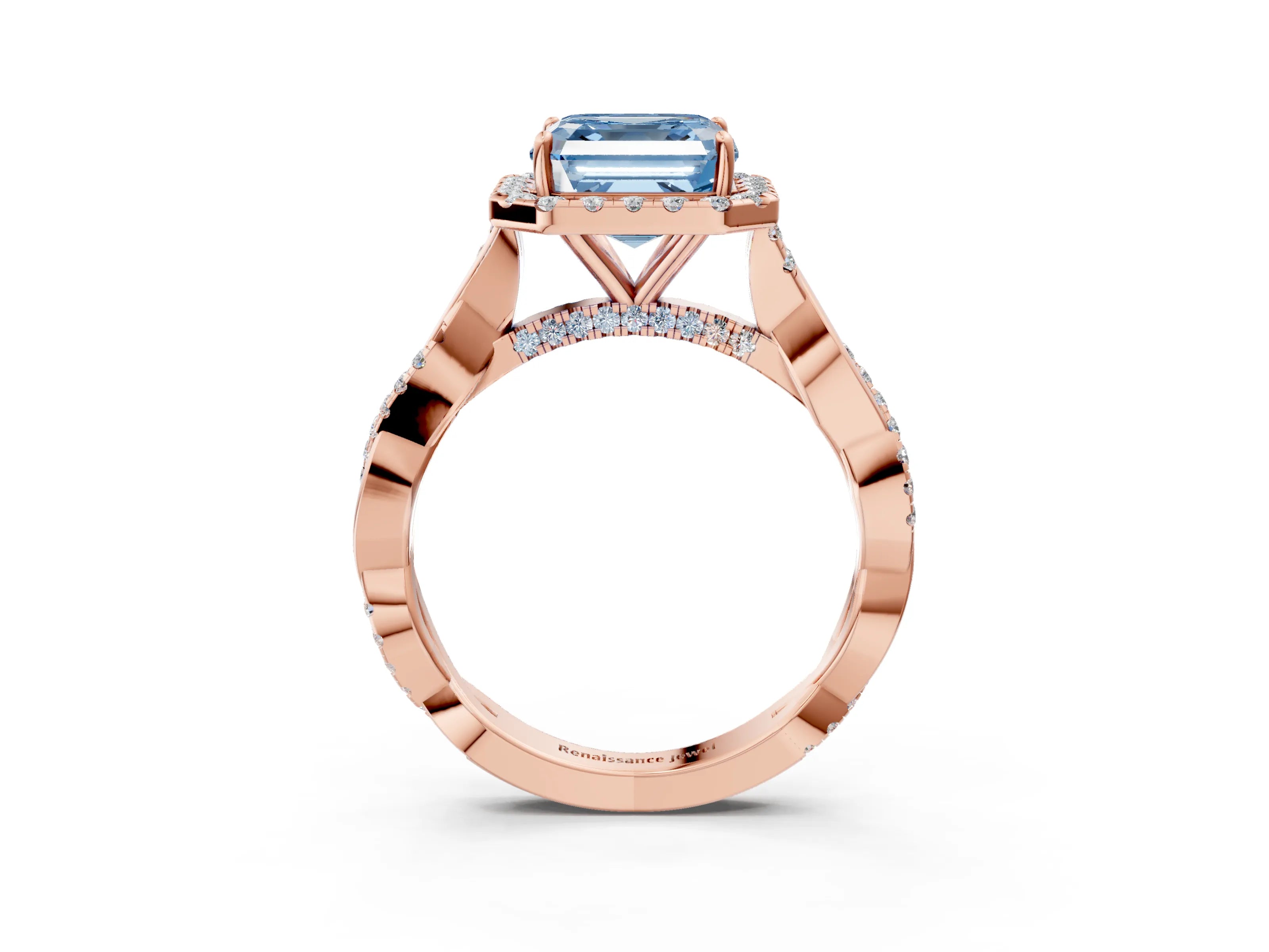 Rose gold Fancy Blue Asscher Cut Halo Twist Band with Four-Prong Setting_3