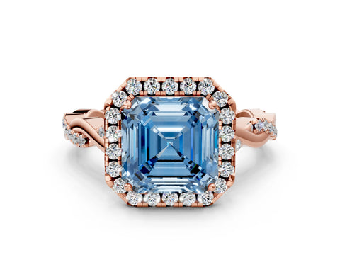 Rose gold Fancy Blue Asscher Cut Halo Twist Band with Four-Prong Setting