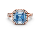 Rose gold Fancy Blue Asscher  Cut Halo Twisted Band Four-Prong Ring
