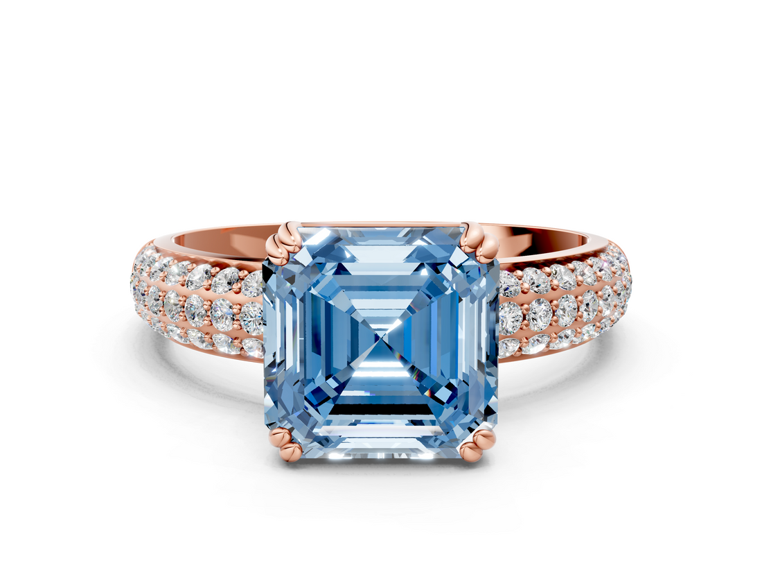 Rose gold Fancy Blue Asscher  Cut Pave Diamond Engagement Ring with Channel Set Band and Four-Prong Setting