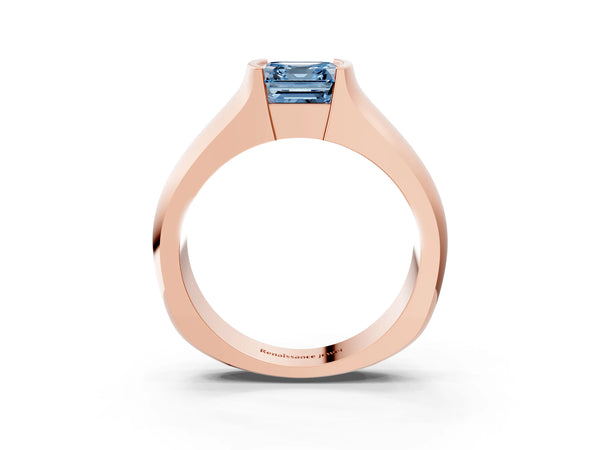 Rose gold Fancy Blue Asscher Cut Solitaire Bezel Set Diamond Ring with Wide Band