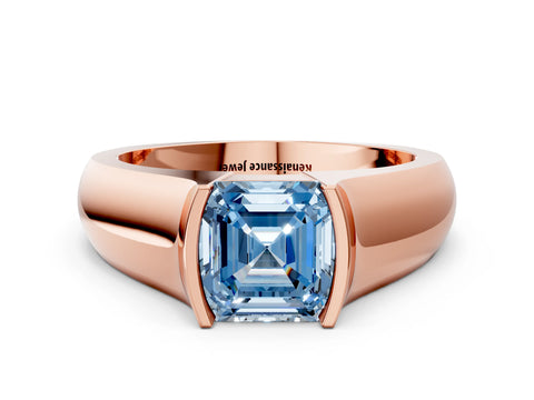 Rose gold Fancy Blue Asscher Cut Solitaire Bezel Set Diamond Ring with Wide Band