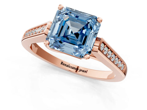 Rose gold Fancy Blue Asscher Cut Solitaire Cathedral Diamond Engagement Ring with Channel-Set Band and Four-Prong Setting_4