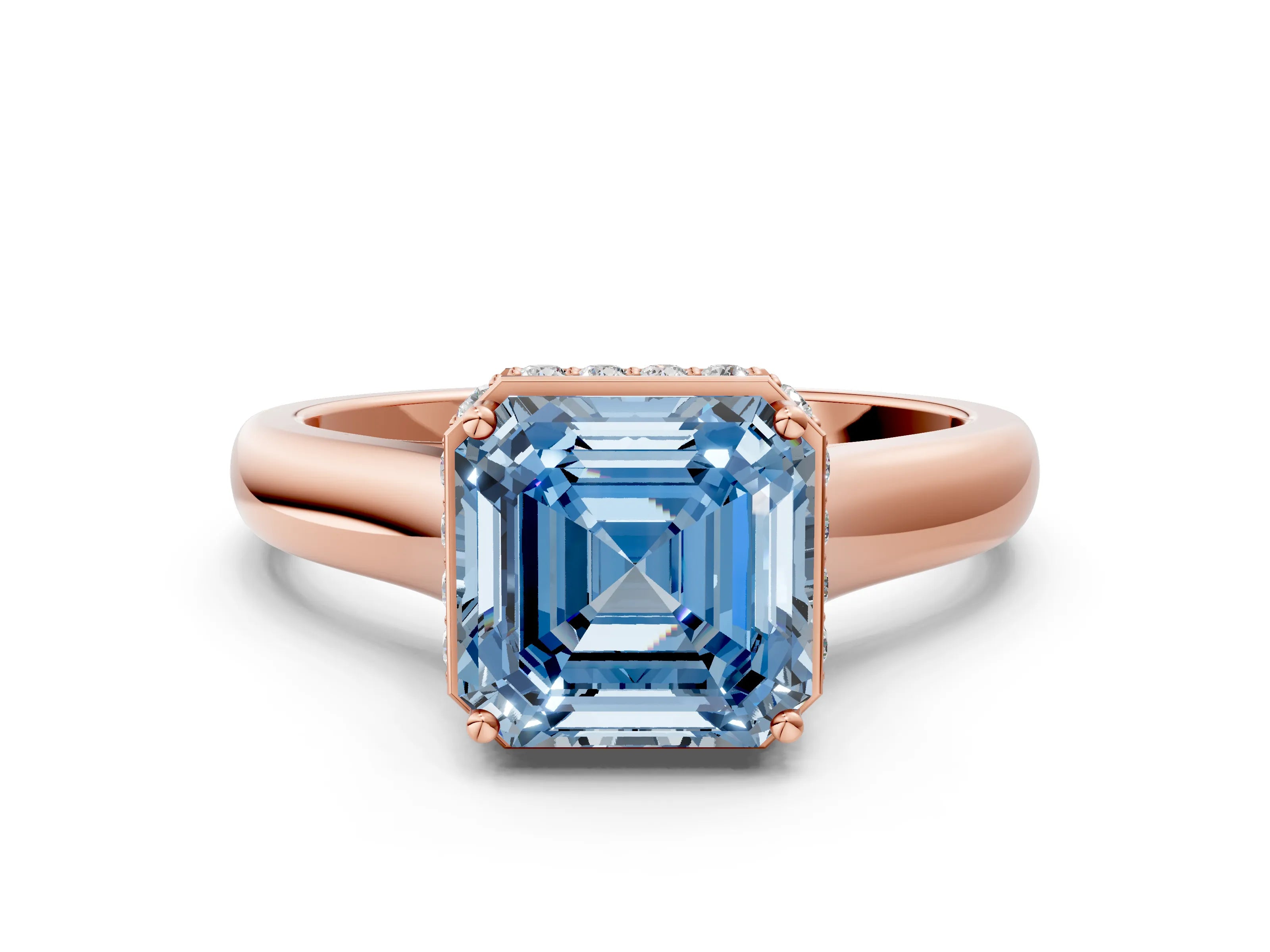 Rose gold Fancy Blue Asscher Cut Solitaire Diamond Engagement Ring with Four-Prong Setting and Tapered Band