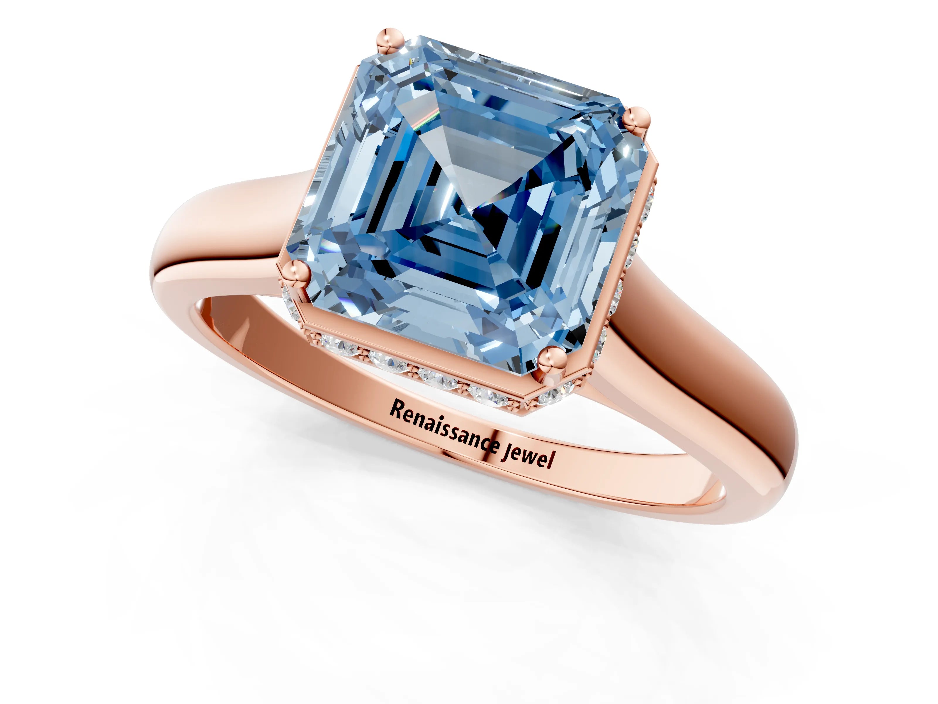 Rose gold Fancy Blue Asscher Cut Solitaire Diamond Engagement Ring with Four-Prong Setting and Tapered Band_1