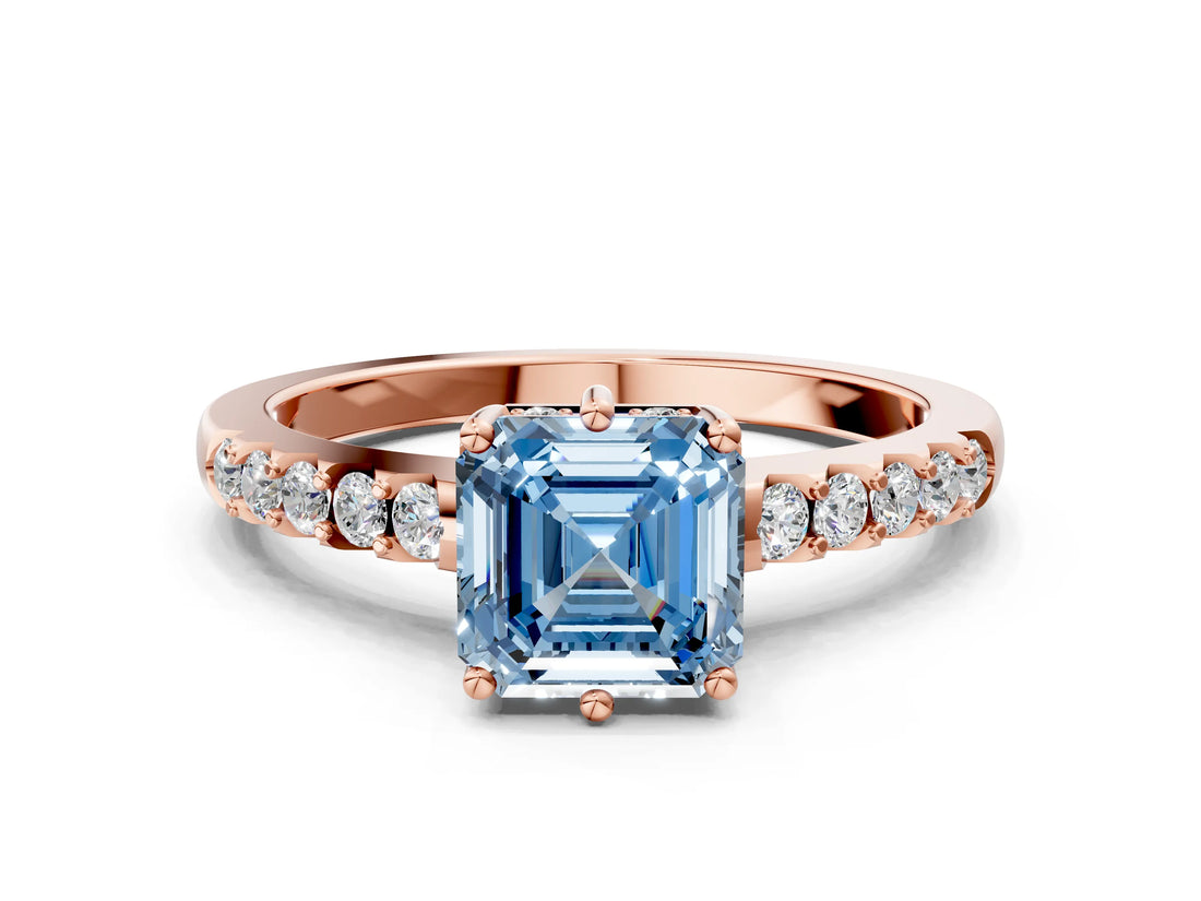 Rose gold Fancy Blue Asscher Cut Solitaire Diamond Engagement Ring with Pavé Band and Six-Prong Setting
