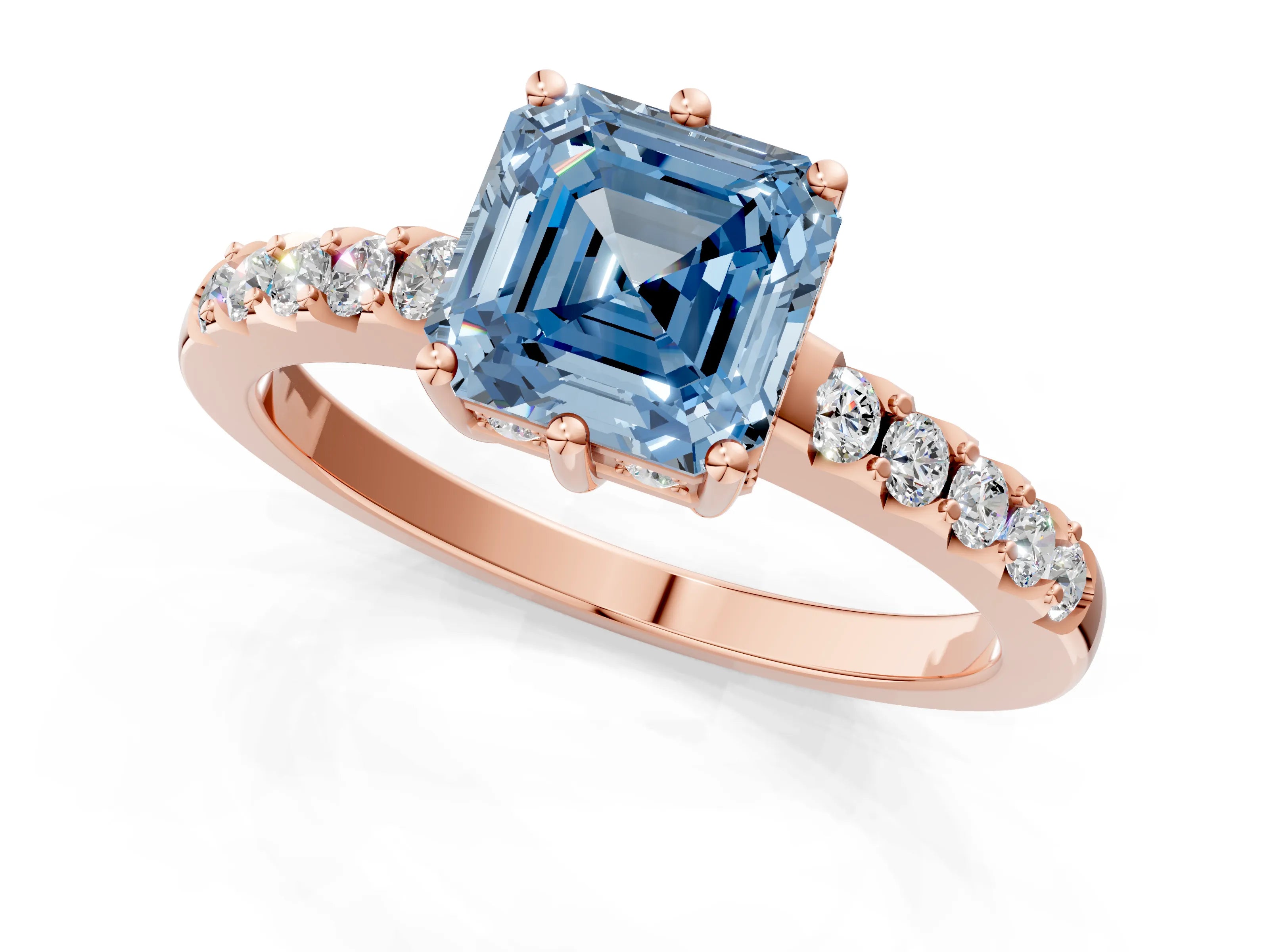 Rose gold Fancy Blue Asscher Cut Solitaire Diamond Engagement Ring with Pavé Band and Six-Prong Setting_1
