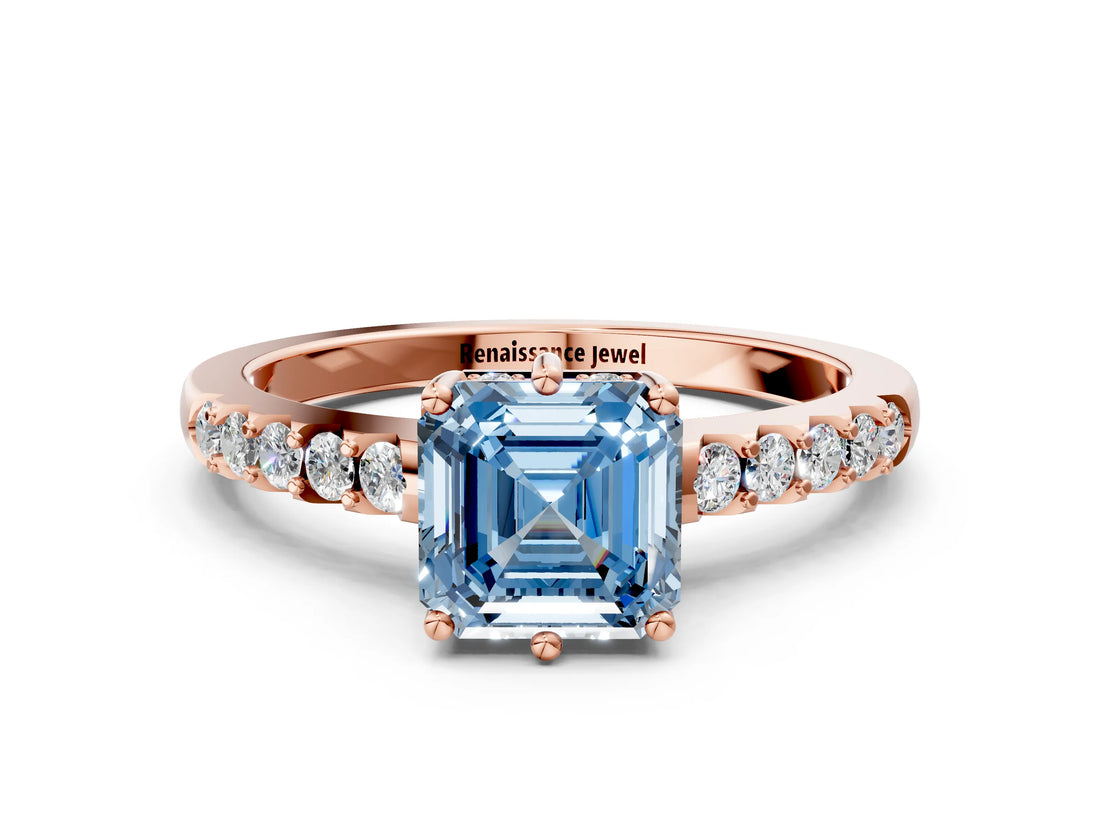 Rose gold Fancy Blue Asscher Cut Solitaire Diamond Engagement Ring with Pavé Band and Six-Prong Setting_24