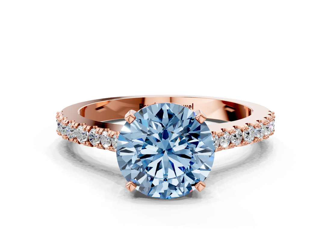 Rose gold Fancy Blue Asscher  Cut Solitaire Diamond Engagement Ring with Pave Band and Four-Prong Setting