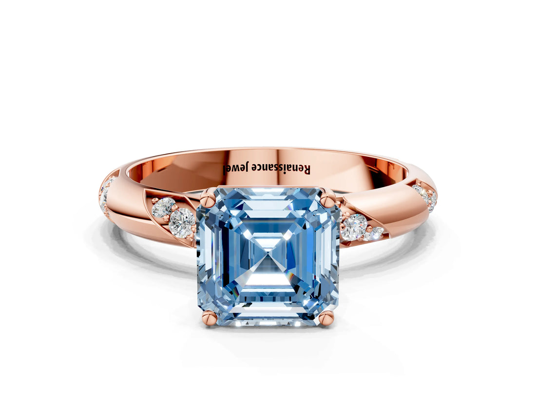 Rose gold Fancy Blue Asscher Cut Solitaire Diamond Engagement Ring with Twisted Pave Band and Four-Prong Setting_3