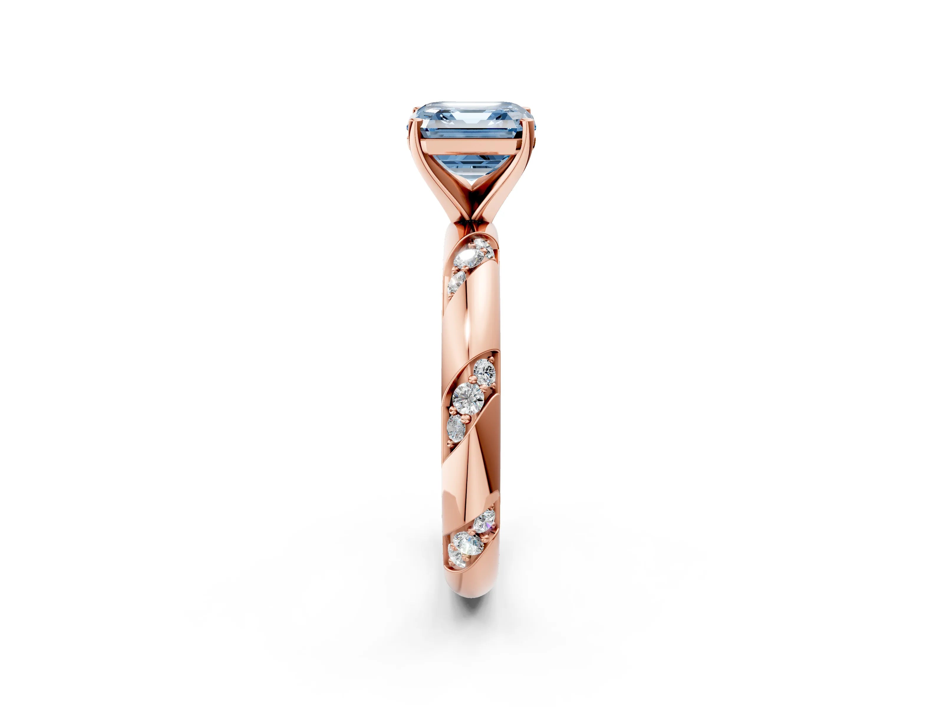 Rose gold Fancy Blue Asscher Cut Solitaire Diamond Engagement Ring with Twisted Pave Band and Four-Prong Setting_5