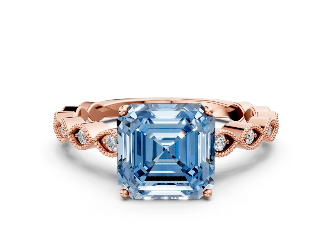 Rose gold Fancy Blue Asscher Cut Solitaire Diamond Ring with Infinity Twist Band and Four-Prong Setting