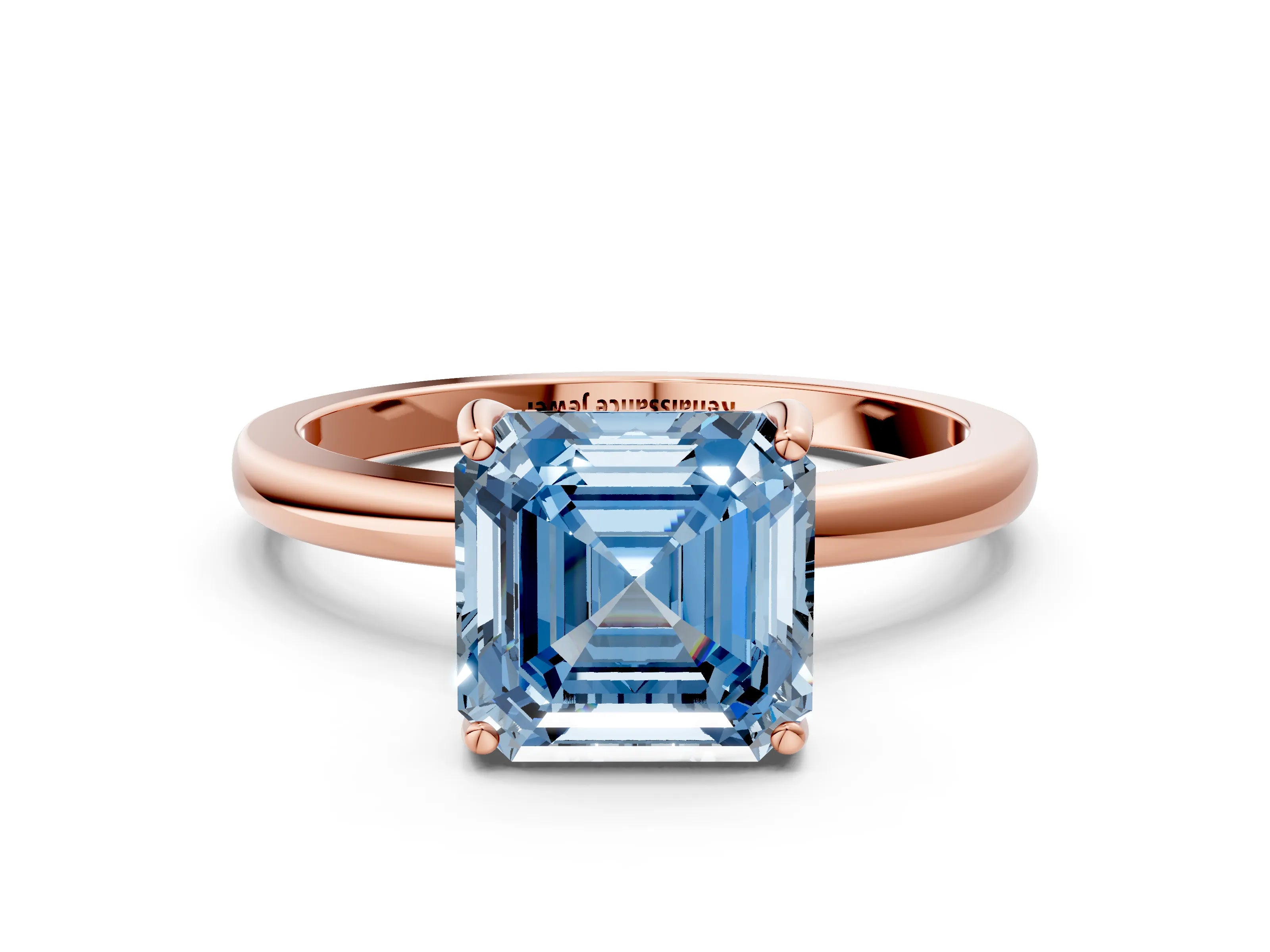 Rose gold Fancy Blue Asscher Cut Solitaire Diamond Ring with Prong Setting and Plain Band