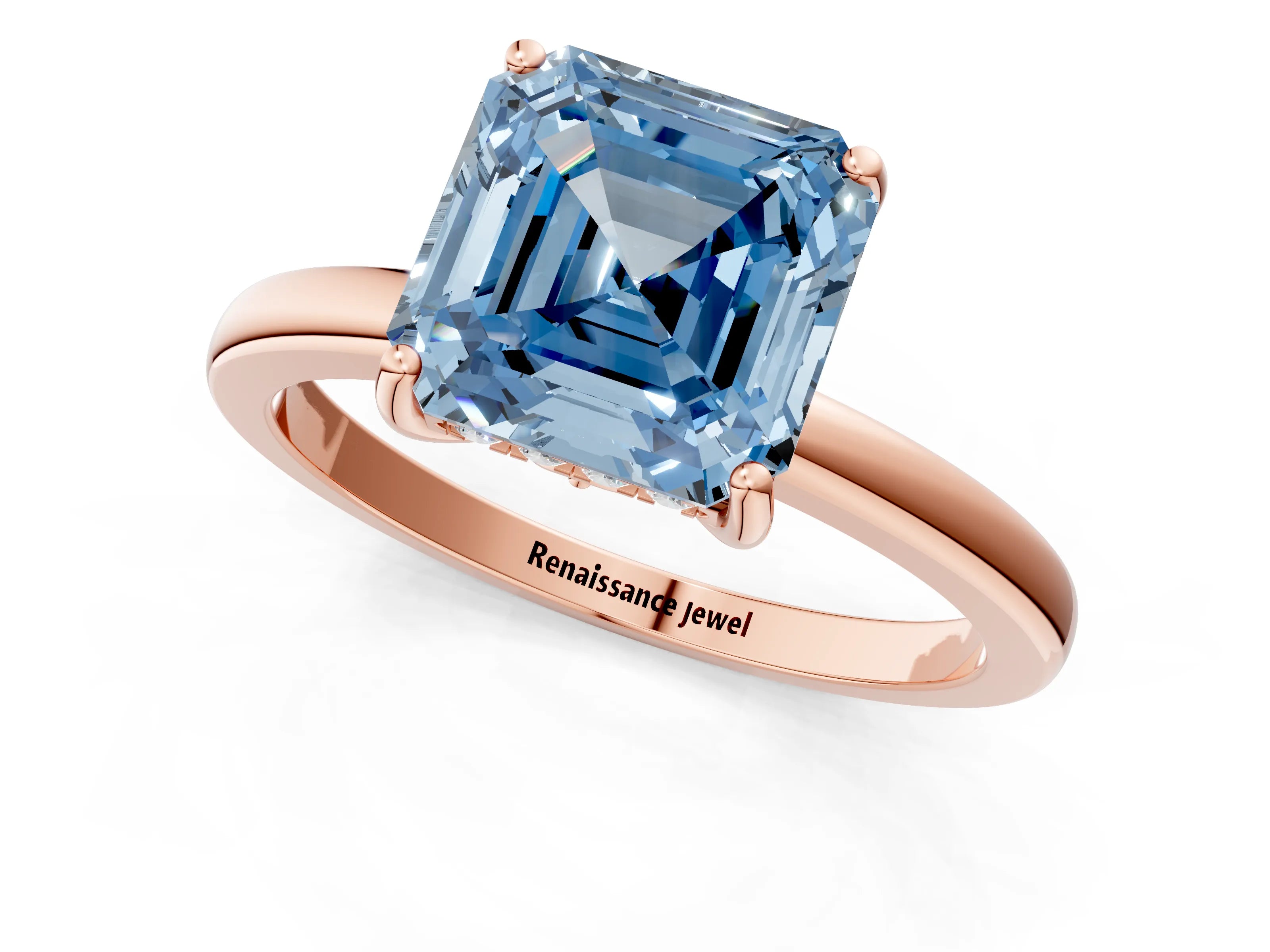 Rose gold Fancy Blue Asscher Cut Solitaire Diamond Ring with Prong Setting and Plain Band_1