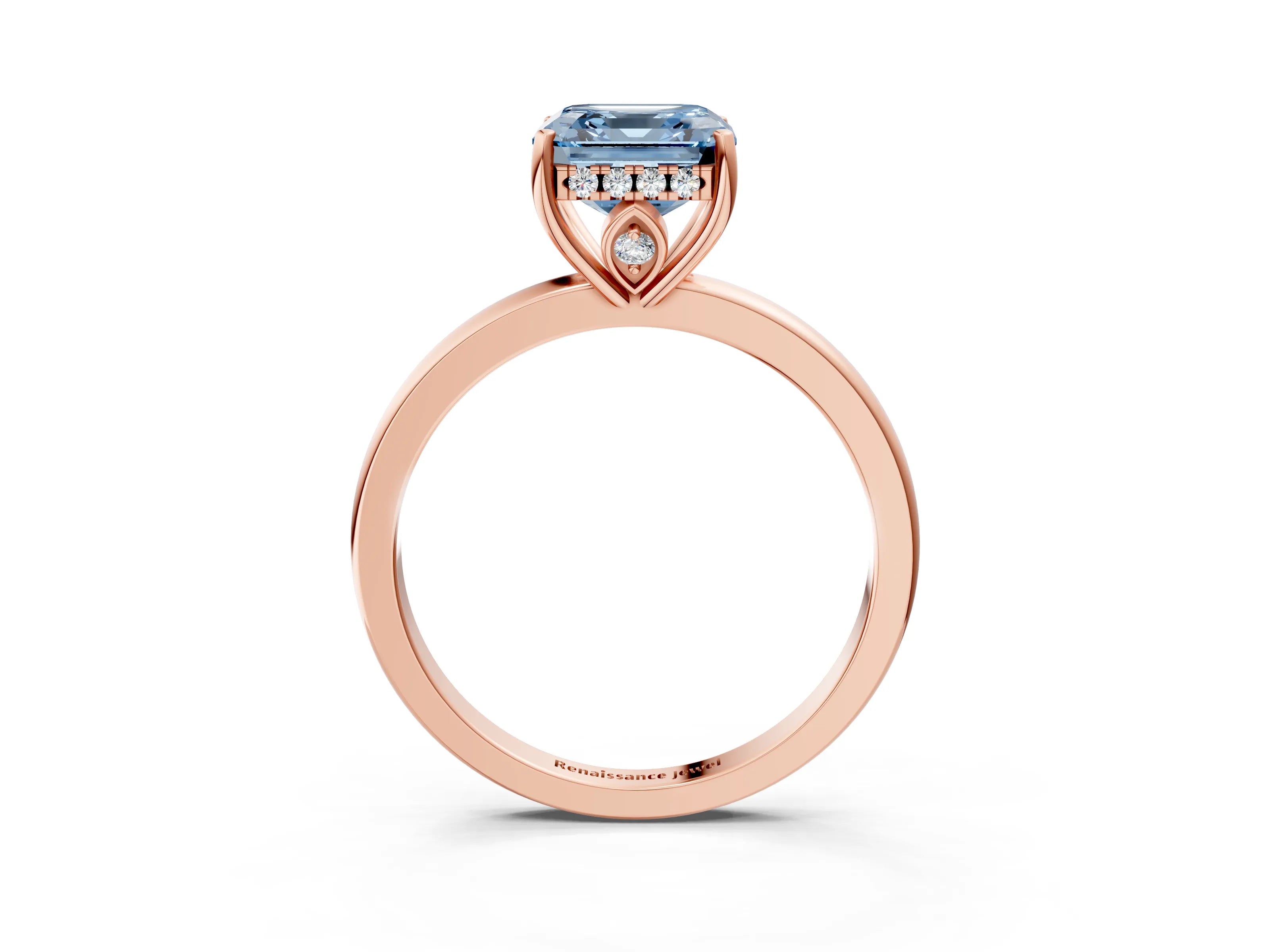 Rose gold Fancy Blue Asscher Cut Solitaire Diamond Ring with Prong Setting and Plain Band_3