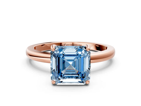 Rose gold Fancy Blue Asscher Cut Solitaire Diamond Ring with Prong Setting and Plain Band
