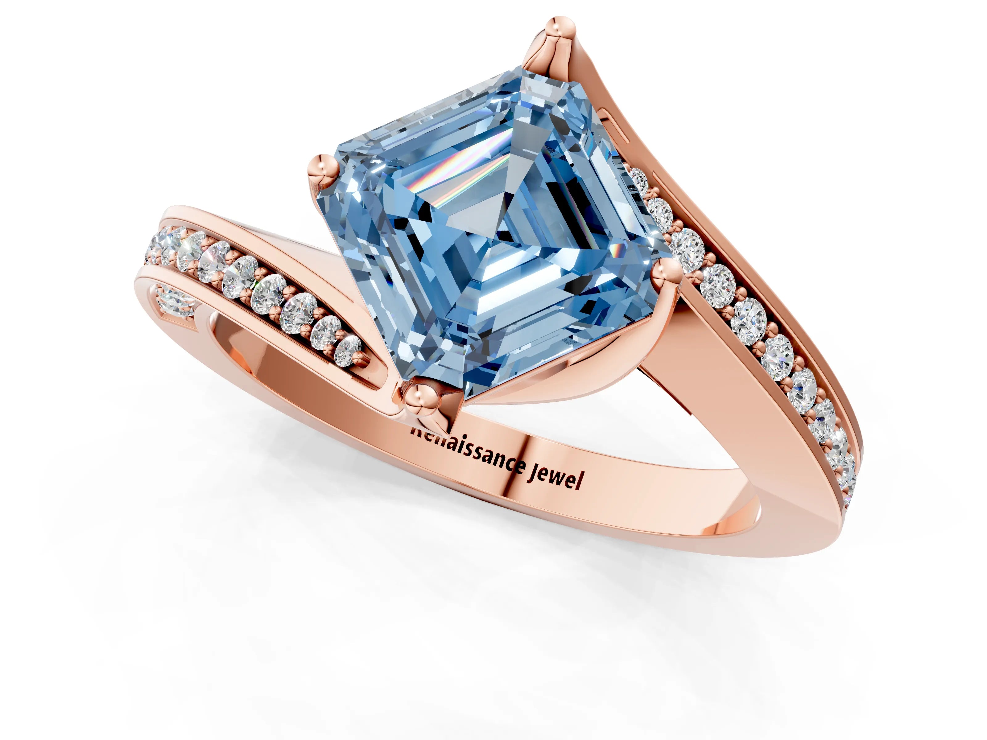 Rose gold Fancy Blue Asscher Cut Solitaire Diamond Twist Band with Pavé Setting and Four-Prong Setting_1