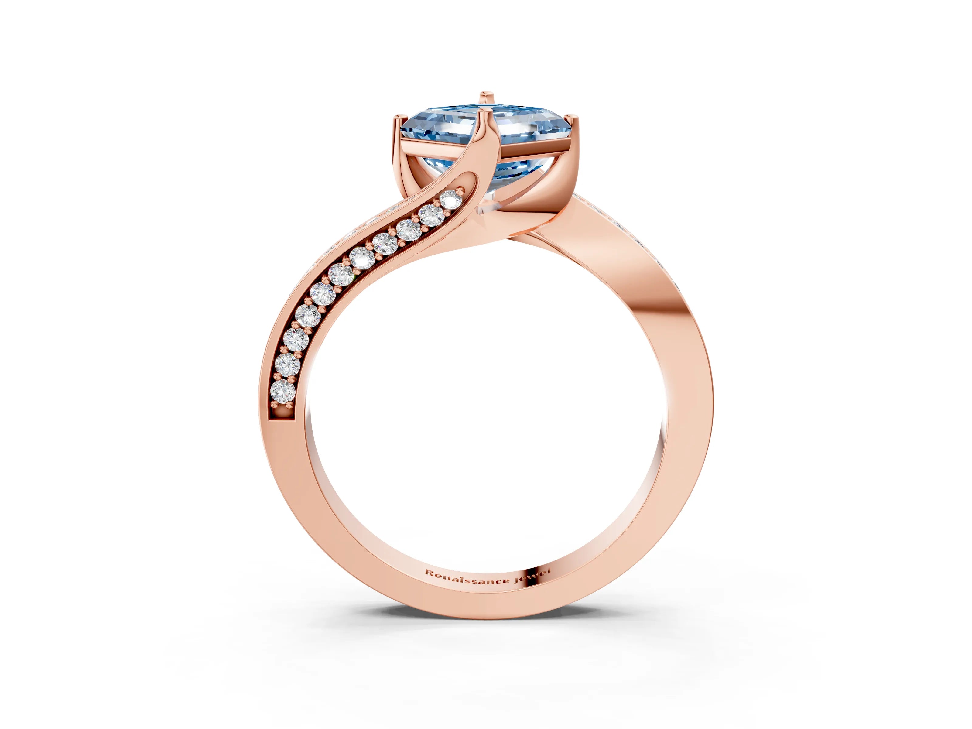 Rose gold Fancy Blue Asscher Cut Solitaire Diamond Twist Band with Pavé Setting and Four-Prong Setting_3
