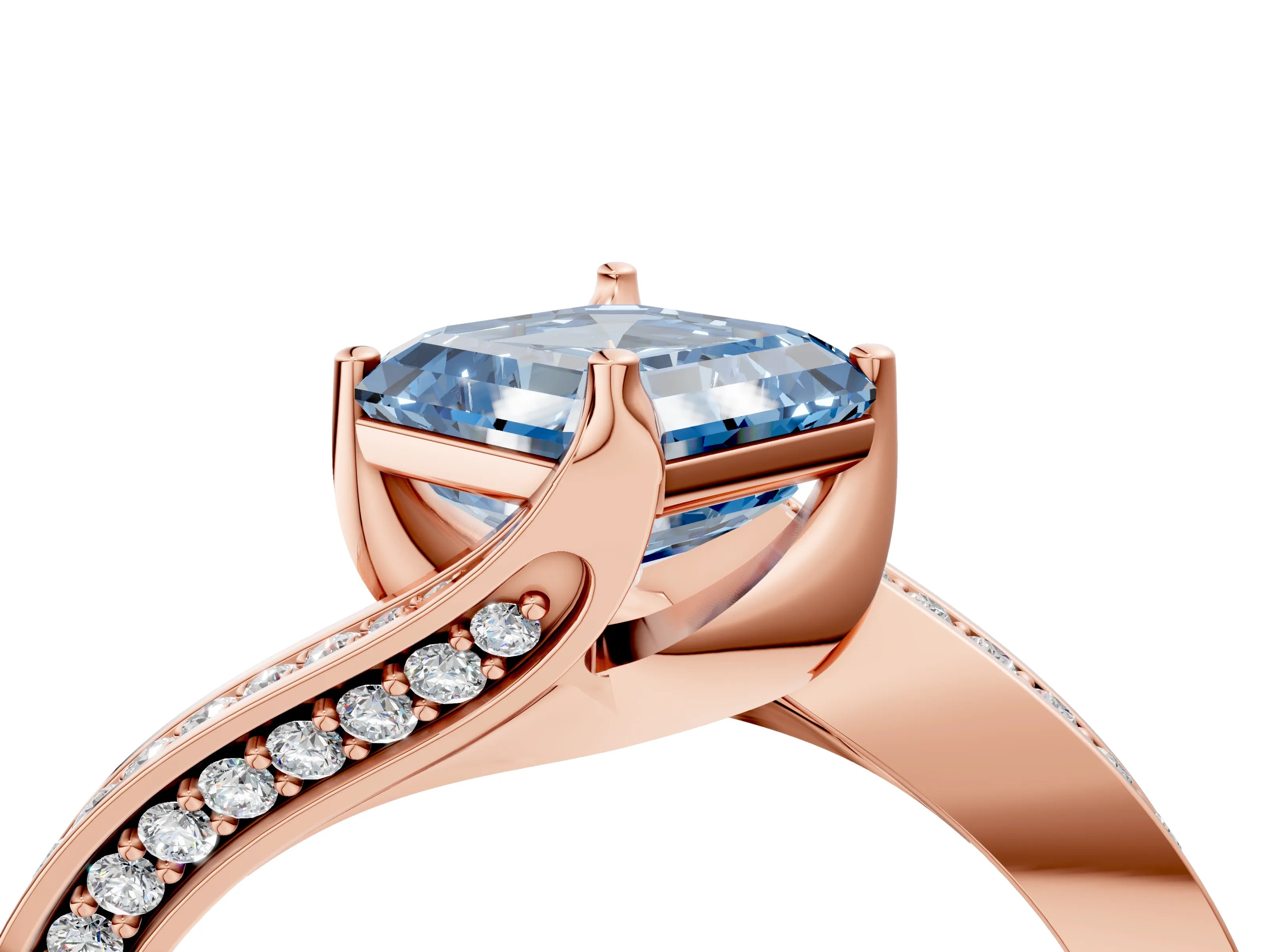Rose gold Fancy Blue Asscher Cut Solitaire Diamond Twist Band with Pavé Setting and Four-Prong Setting_4