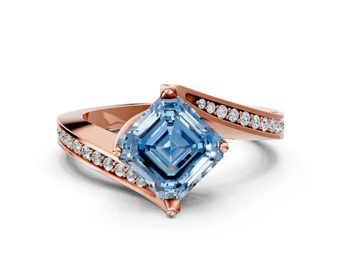 Rose gold Fancy Blue Asscher Cut Solitaire Diamond Twist Band with Pavé Setting and Four-Prong Setting